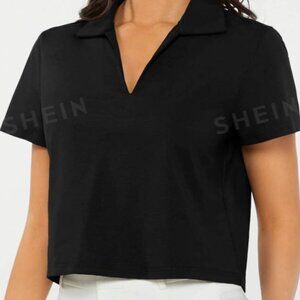 SHEIN BASICS Solid Collar Crop Tee | Black